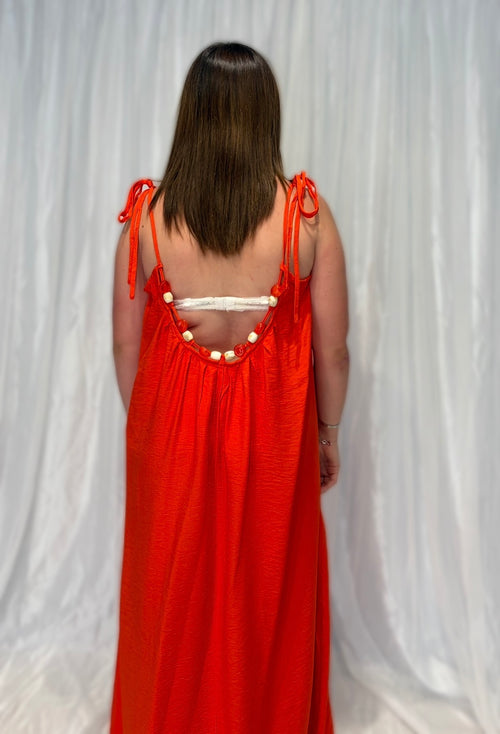 🧡 Longue Robe Orange Corail à Perles